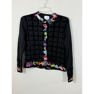 Vintage Just B Cardigan Women's M Black Novelty Beaded Whimsy Shoes Bags